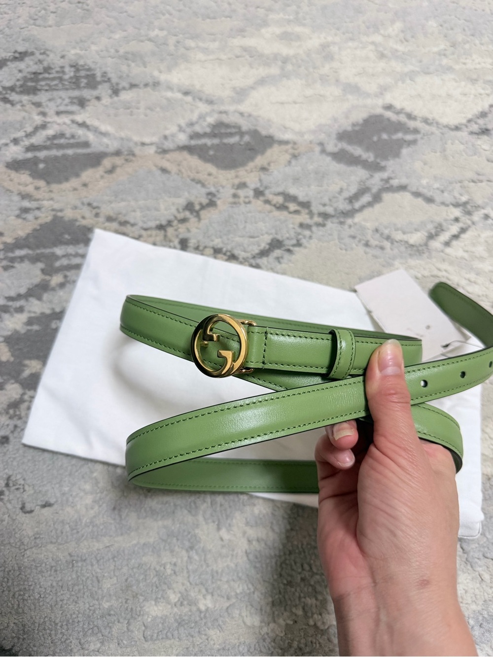 GUCCI BELT ‎723073 THIN BLONDIE GG LOGO GOLDTONE BUCKLE Green LEATHER